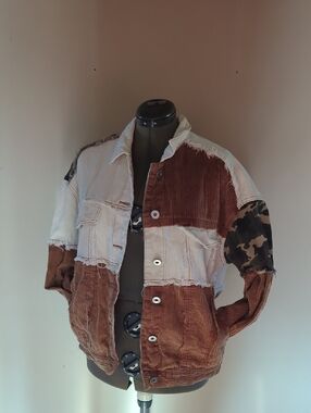 12th Tribe Patchwork Corduroy & Denim Bomber Jacket in Brown, White & Camouflage